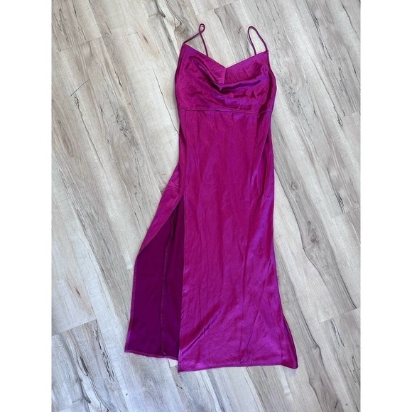 LIONESS walk the line pink midi satin slip dress Barbie side slit - Picture 2 of 10